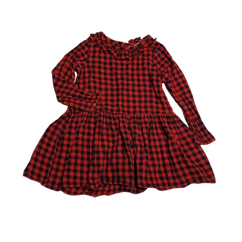 H&M Red and Black Plaid Dress with Long Sleeves and Ruffled Collar